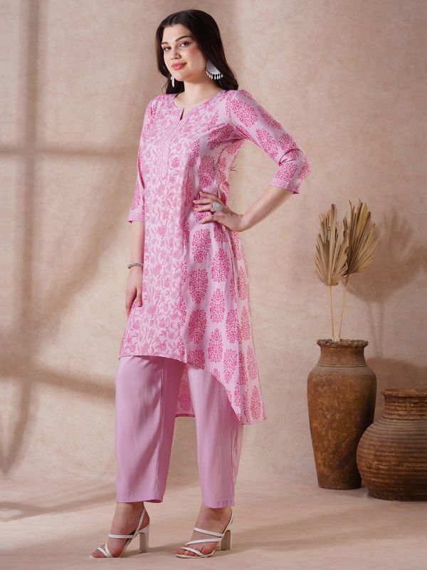Globus Women Pink Round Neck Allover Floral Print High-Low Hem A-Line Kurta With Pants Festive Set