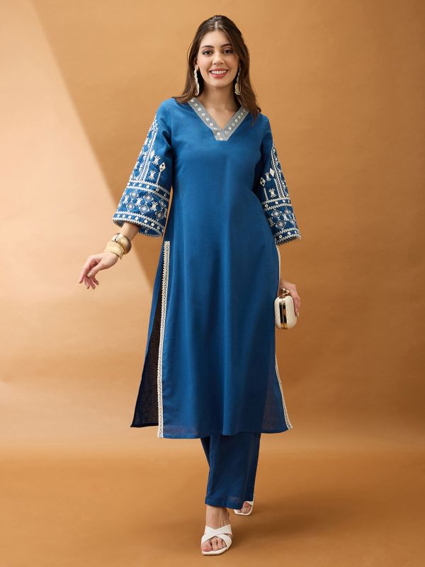 Globus Women Blue V-Neck Bell Sleeves Embroidered & Mirror Work Detail Gotta Lace Straight Kurta With Pant Festive Set