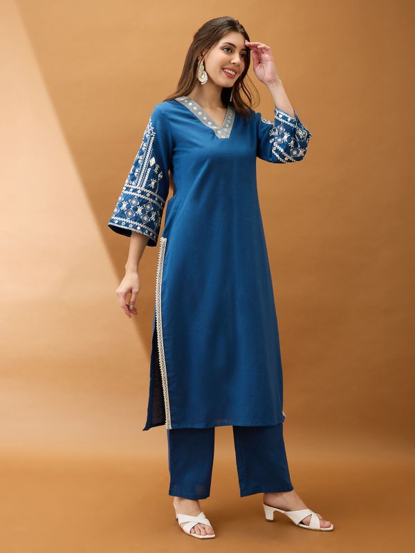 Globus Women Blue V-Neck Bell Sleeves Embroidered & Mirror Work Detail Gotta Lace Straight Kurta With Pant Festive Set