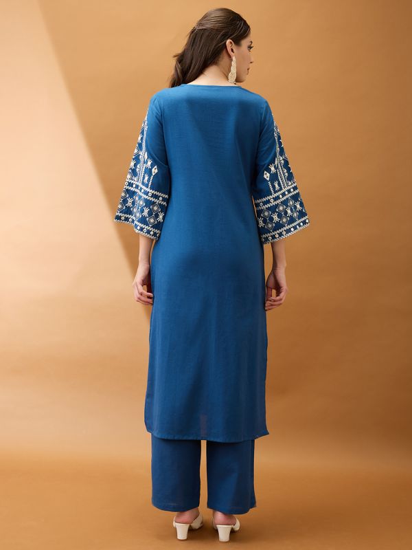 Globus Women Blue V-Neck Bell Sleeves Embroidered & Mirror Work Detail Gotta Lace Straight Kurta With Pant Festive Set