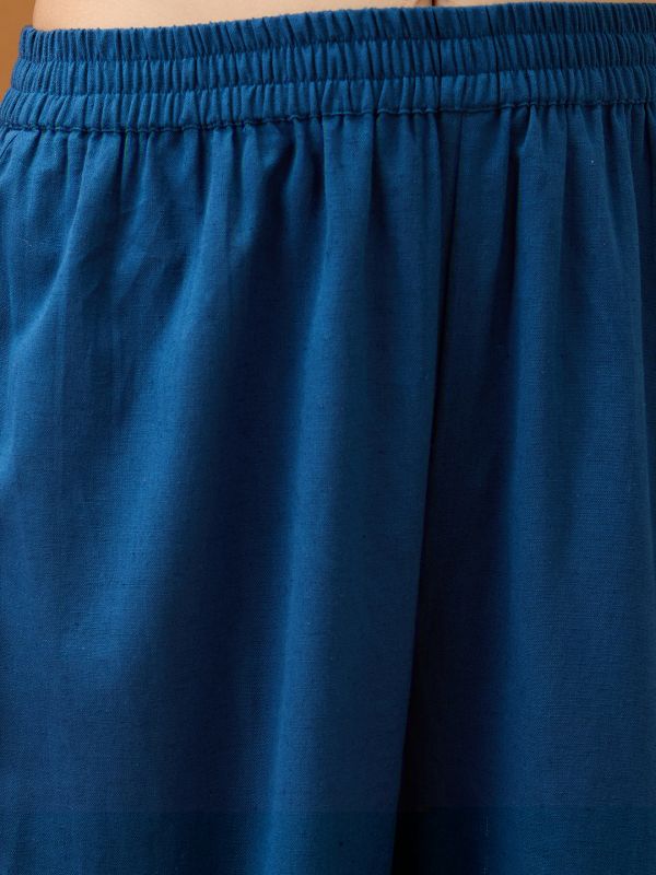 Globus Women Blue V-Neck Bell Sleeves Embroidered & Mirror Work Detail Gotta Lace Straight Kurta With Pant Festive Set