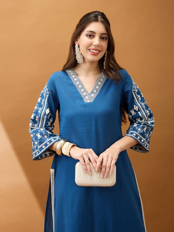 Globus Women Blue V-Neck Bell Sleeves Embroidered & Mirror Work Detail Gotta Lace Straight Kurta With Pant Festive Set