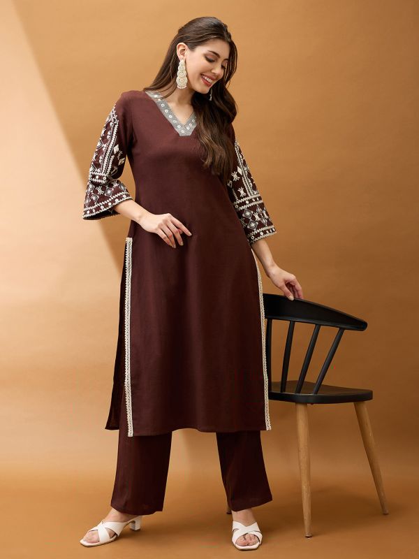 Globus Women Brown V-Neck Bell Sleeves Embroidered & Mirror Work Detail Gotta Lace Straight Kurta With Pant Festive Set