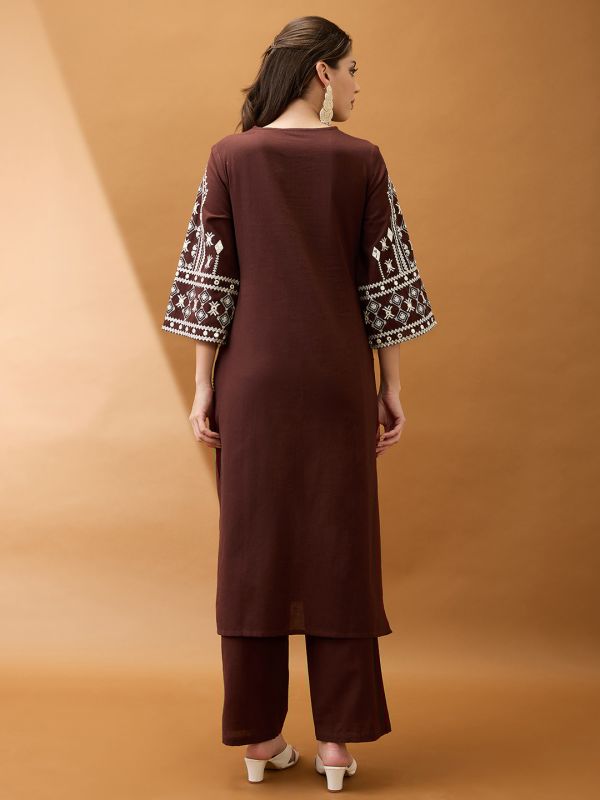 Globus Women Brown V-Neck Bell Sleeves Embroidered & Mirror Work Detail Gotta Lace Straight Kurta With Pant Festive Set