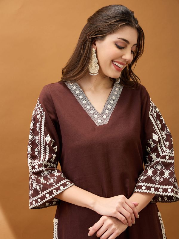 Globus Women Brown V-Neck Bell Sleeves Embroidered & Mirror Work Detail Gotta Lace Straight Kurta With Pant Festive Set