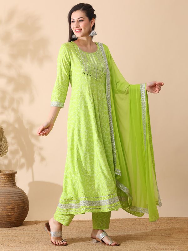 Globus Women Green Embroidered Yoke Floral Print Anarkali Kurta With Narrow Pants & Dupatta Festive Set