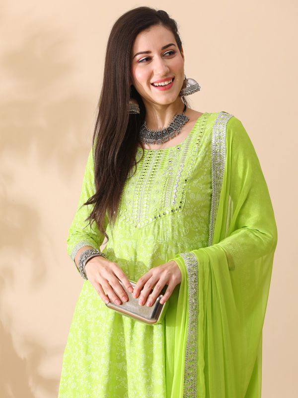 Globus Women Green Embroidered Yoke Floral Print Anarkali Kurta With Narrow Pants & Dupatta Festive Set