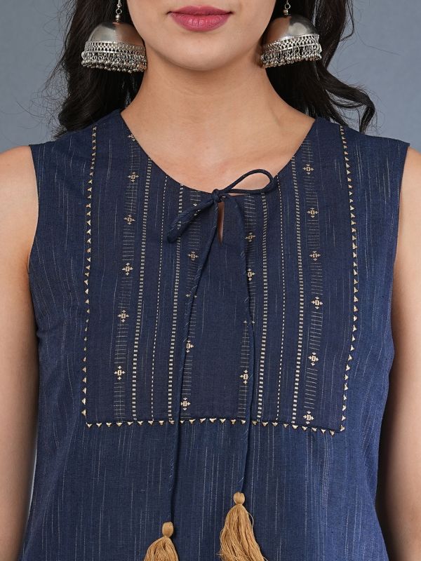 Globus Women Blue Tie-Up Neck Yoke Design Straight Workwear Kurta With Narrow Pants & Yarndyed Dupatta Set