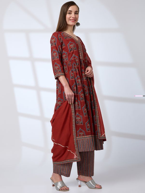Globus Women Maroon V-Neck Ethnic Print Mirror Work Pleated A-Line Kurta With Striped Pants & Gotta Lace Dupatta Workwear Set