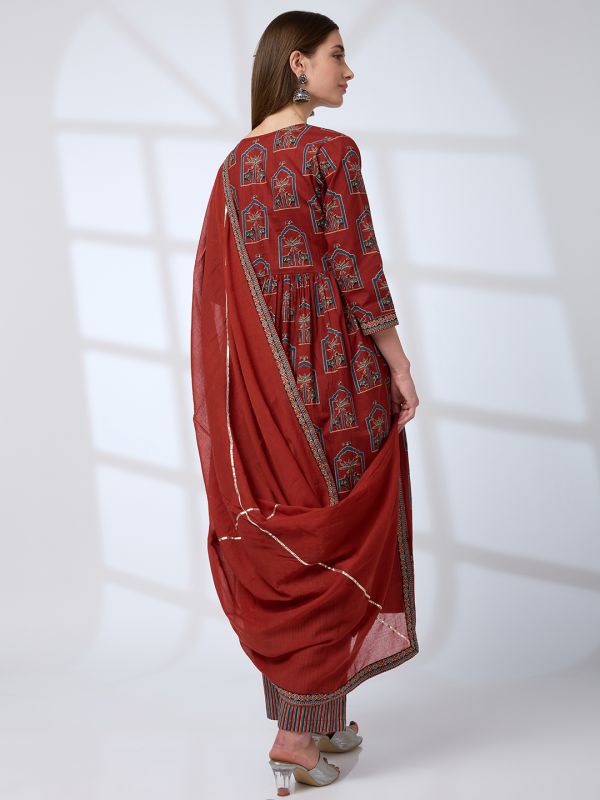 Globus Women Maroon V-Neck Ethnic Print Mirror Work Pleated A-Line Kurta With Striped Pants & Gotta Lace Dupatta Workwear Set