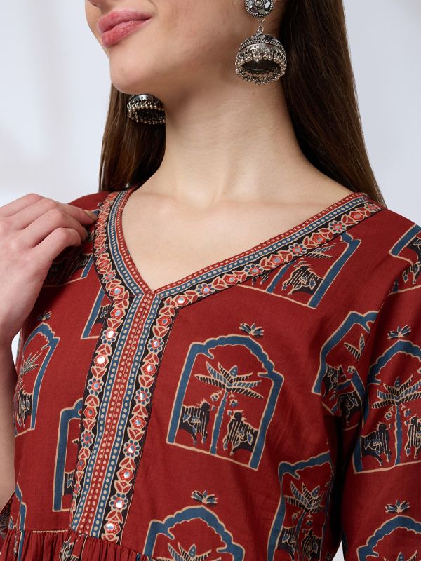 Globus Women Maroon V-Neck Ethnic Print Mirror Work Pleated A-Line Kurta With Striped Pants & Gotta Lace Dupatta Workwear Set