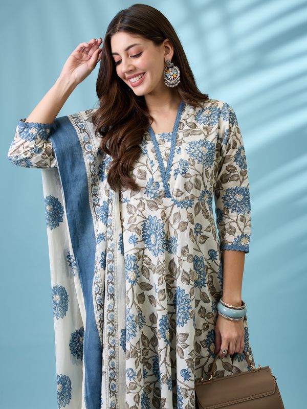 Women's Blue Floral Anarkali Kurta Set with Dupatta