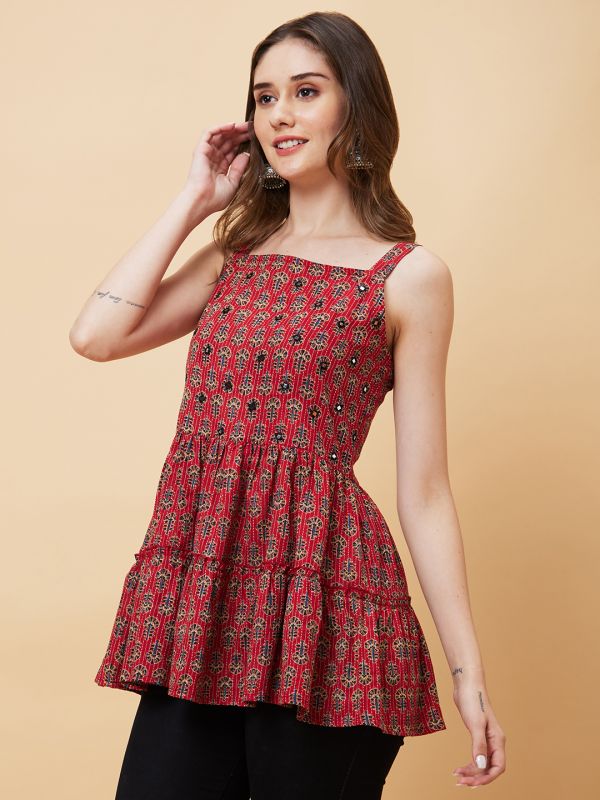 Globus Women Red Square Neck Floral Print Strappy Peplum Fusion Tunic