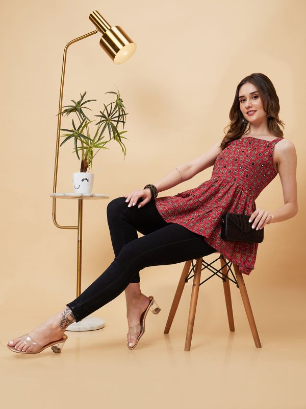 Globus Women Red Square Neck Floral Print Strappy Peplum Fusion Tunic