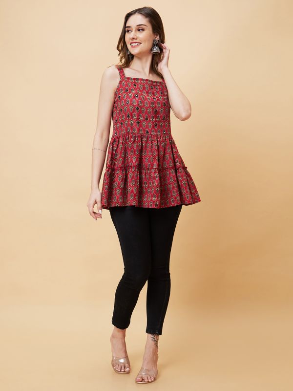 Globus Women Red Square Neck Floral Print Strappy Peplum Fusion Tunic