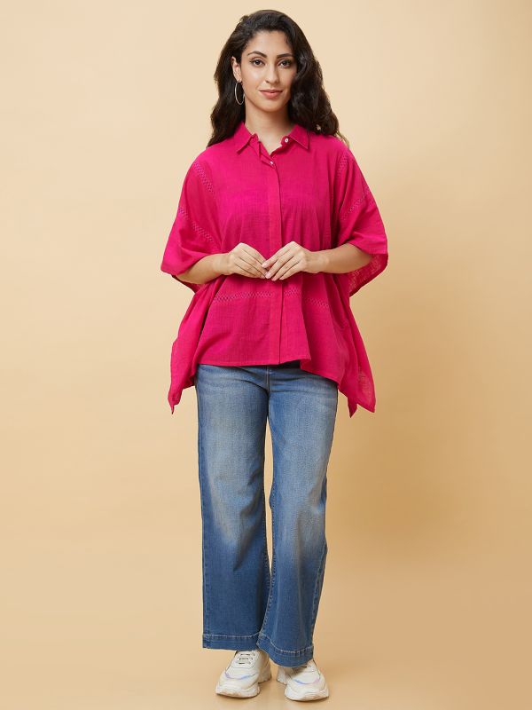 Globus Women Pink Shirt Collar Lace Inserts Kaftan Tunic