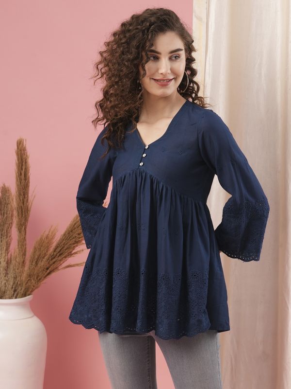 Globus Women Blue V-Neck 3/4th Sleeves Schiffli A-line Tunic Top