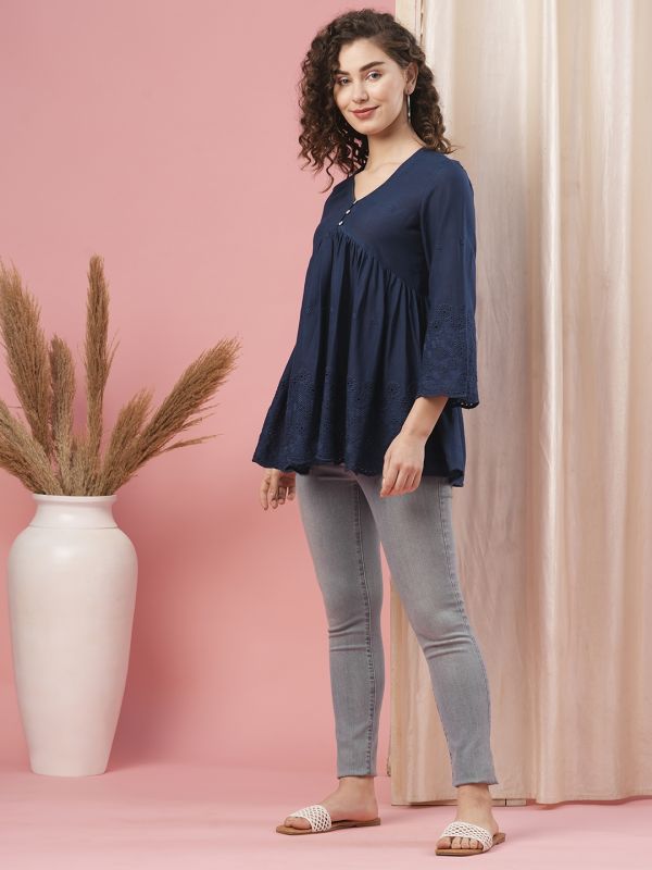 Globus Women Blue V-Neck 3/4th Sleeves Schiffli A-line Tunic Top