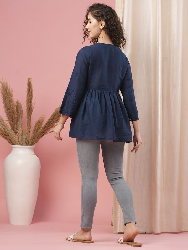 Globus Women Blue V-Neck 3/4th Sleeves Schiffli A-line Tunic Top