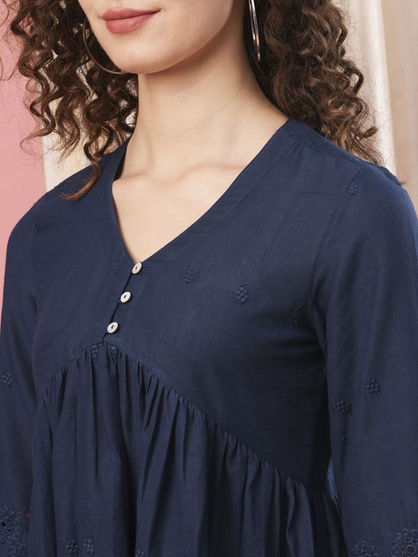 Globus Women Blue V-Neck 3/4th Sleeves Schiffli A-line Tunic Top