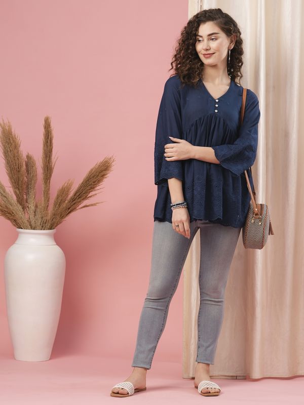 Globus Women Blue V-Neck 3/4th Sleeves Schiffli A-line Tunic Top
