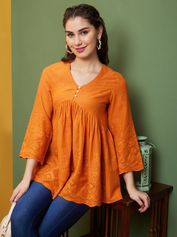 Globus Women Orange Solid Cotton Casual V-Neck A line Tunics
