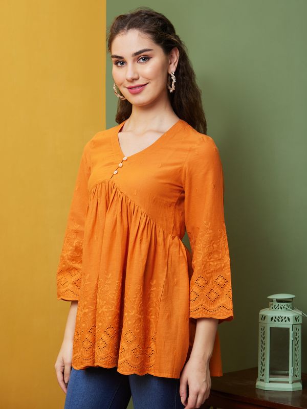 Globus Women Orange Solid Cotton Casual V-Neck A line Tunics