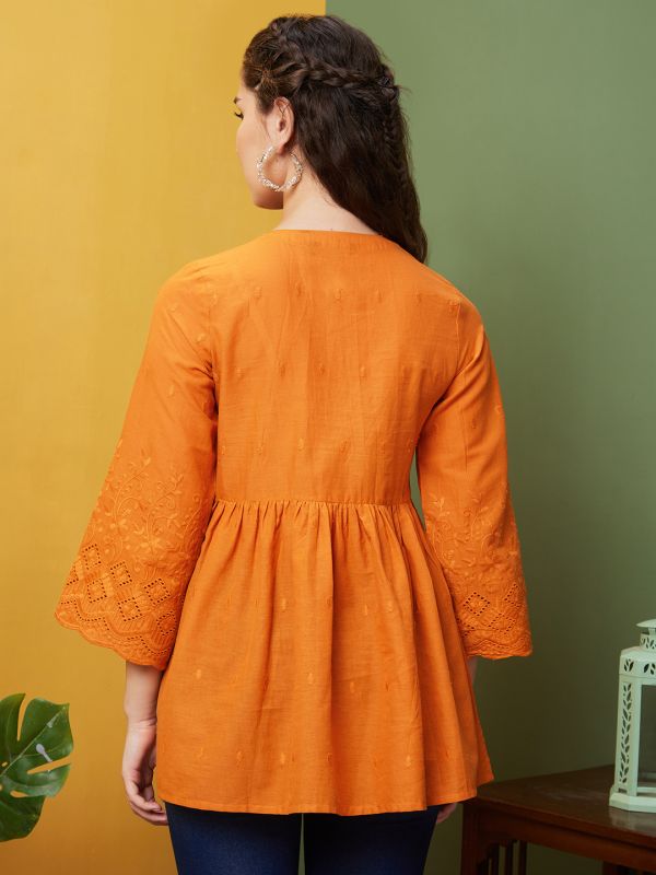 Globus Women Orange Solid Cotton Casual V-Neck A line Tunics