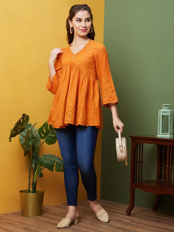 Globus Women Orange Solid Cotton Casual V-Neck A line Tunics