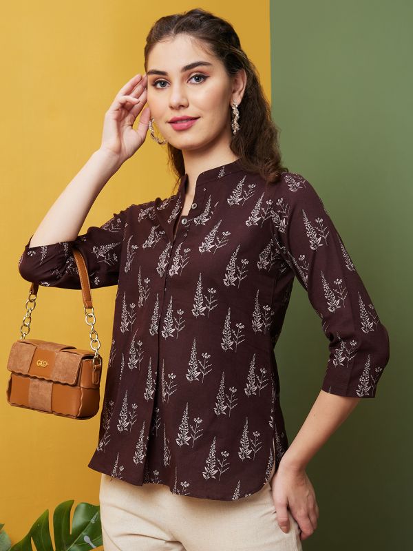 Globus Women Brown Printed Cotton Casual Mandarin Collar A line Tunics