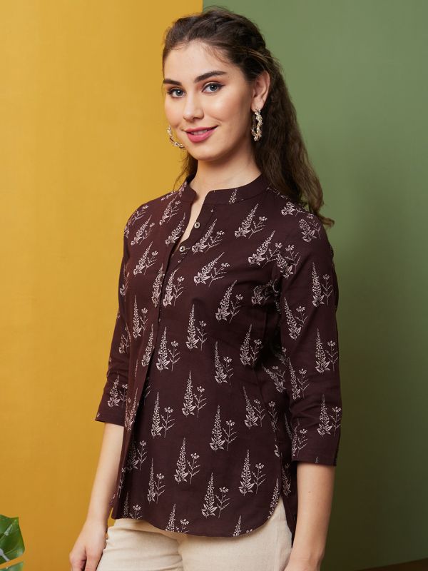 Globus Women Brown Printed Cotton Casual Mandarin Collar A line Tunics