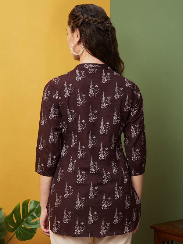 Globus Women Brown Printed Cotton Casual Mandarin Collar A line Tunics