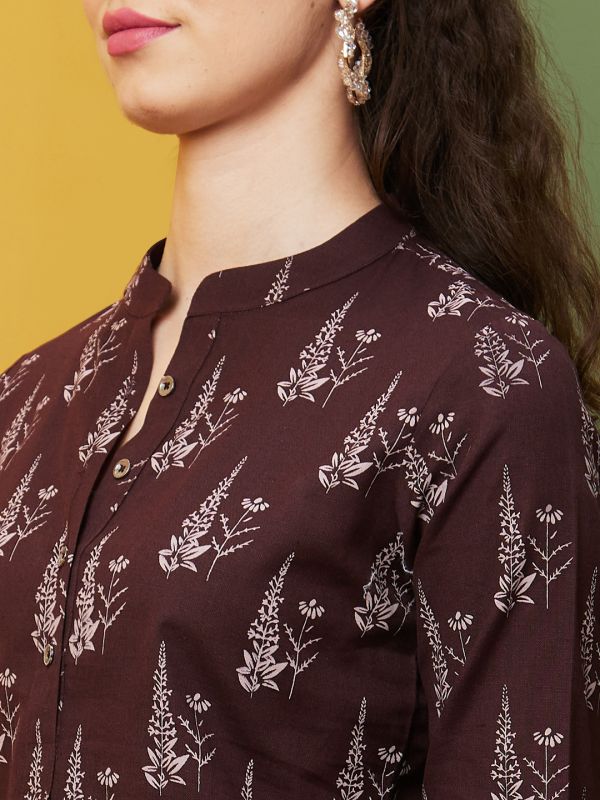 Globus Women Brown Printed Cotton Casual Mandarin Collar A line Tunics