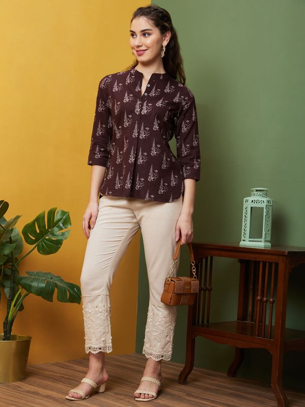 Globus Women Brown Printed Cotton Casual Mandarin Collar A line Tunics