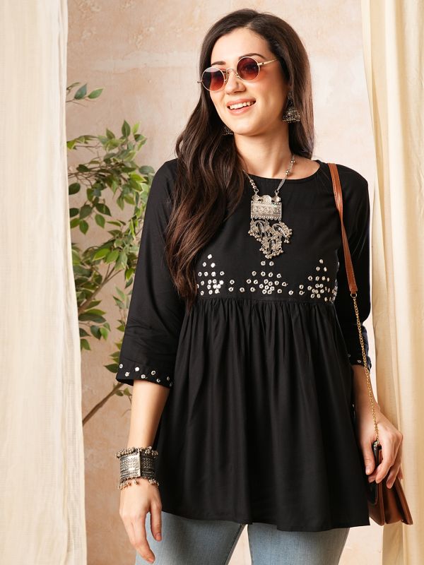 Globus Women Black Gathered Waist A-Line Tunic