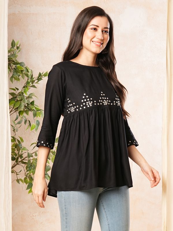 Globus Women Black Gathered Waist A-Line Tunic