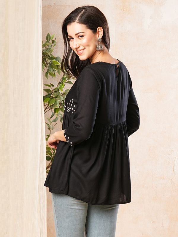 Globus Women Black Gathered Waist A-Line Tunic