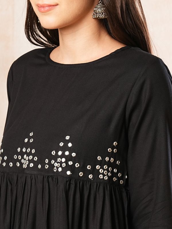 Globus Women Black Gathered Waist A-Line Tunic