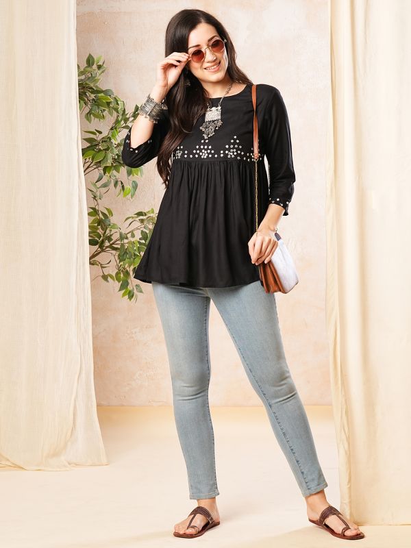 Globus Women Black Gathered Waist A-Line Tunic