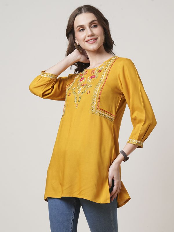 Globus Women Mustard Floral Embroidered Yoke 3/4 Sleeve Fusion Tunic 