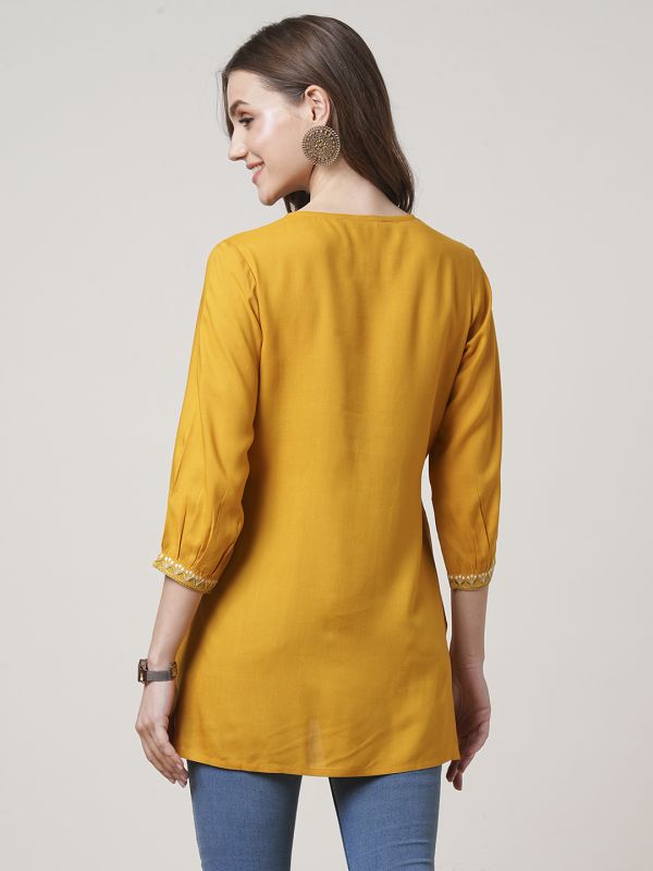 Globus Women Mustard Floral Embroidered Yoke 3/4 Sleeve Fusion Tunic 