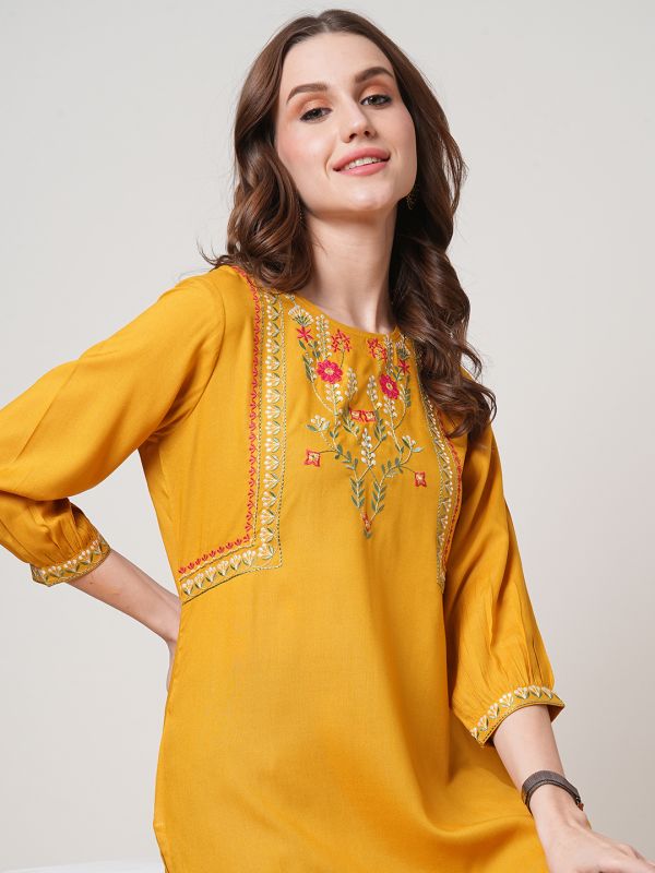 Globus Women Mustard Floral Embroidered Yoke 3/4 Sleeve Fusion Tunic 