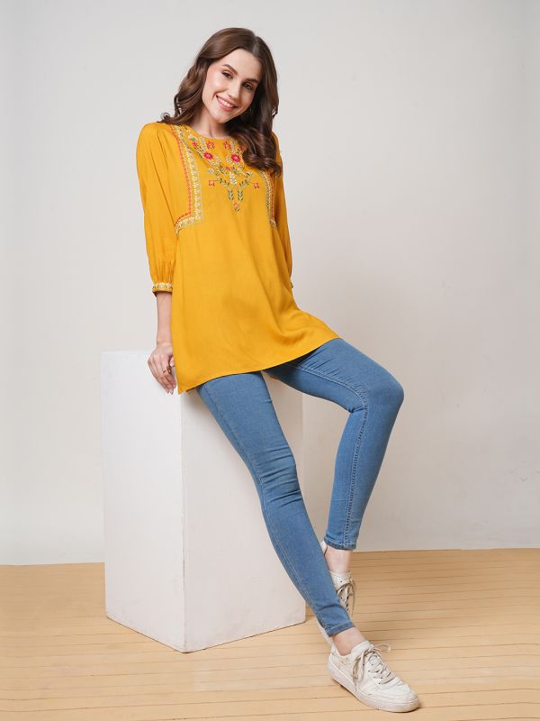 Globus Women Mustard Floral Embroidered Yoke 3/4 Sleeve Fusion Tunic 