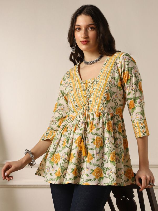 Globus Women Yellow V-Neck Floral Print Tie-Up Tassel Detail Gathered Tunic