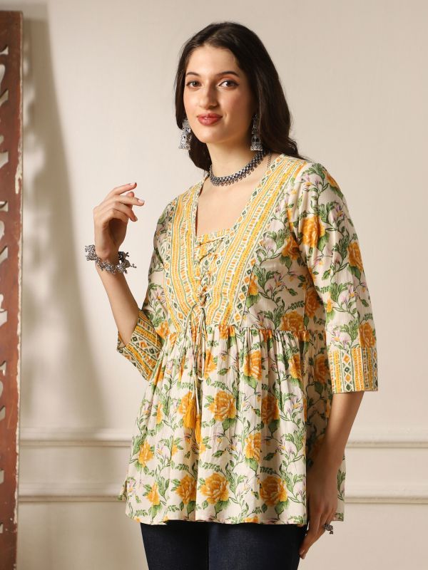 Globus Women Yellow V-Neck Floral Print Tie-Up Tassel Detail Gathered Tunic