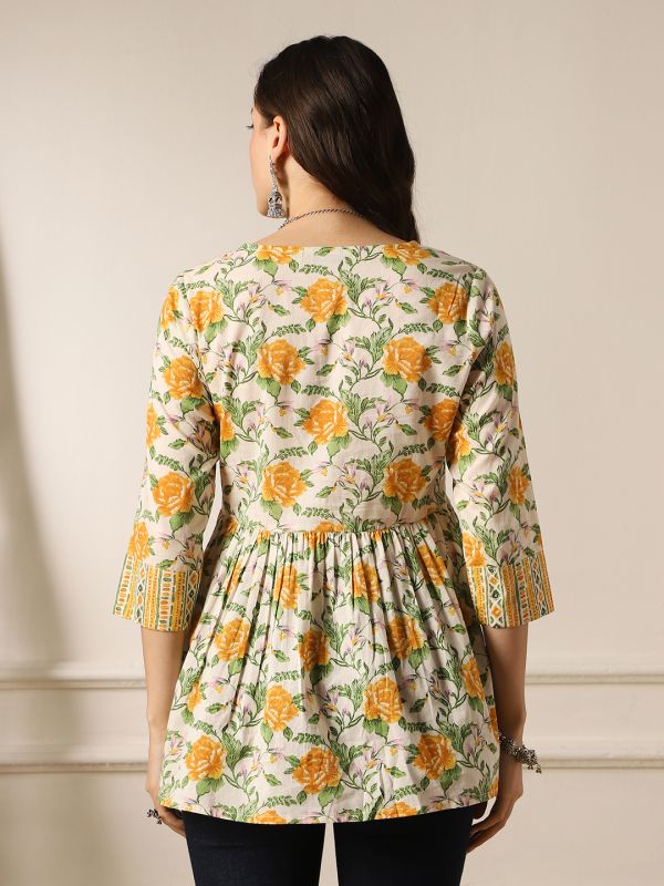 Globus Women Yellow V-Neck Floral Print Tie-Up Tassel Detail Gathered Tunic