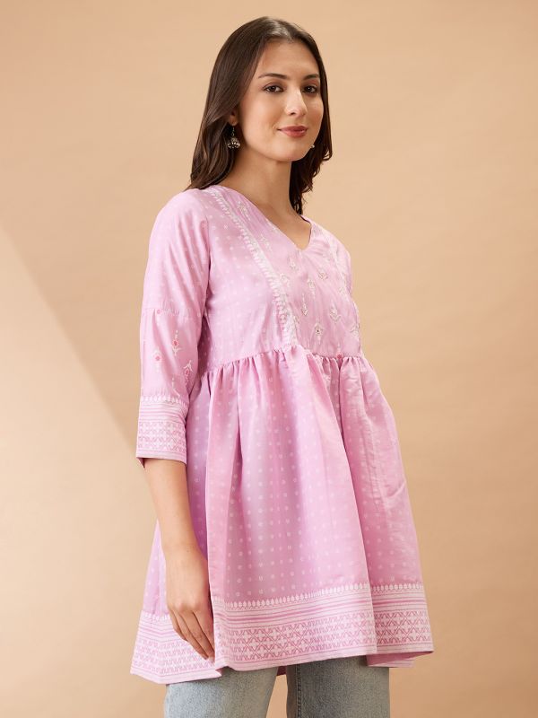Globus Women Pink Ethnic Print V-Neck Sequinned Detail Gathered Tunic