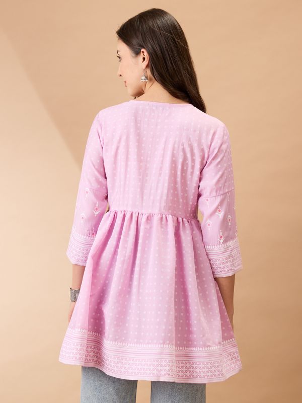 Globus Women Pink Ethnic Print V-Neck Sequinned Detail Gathered Tunic