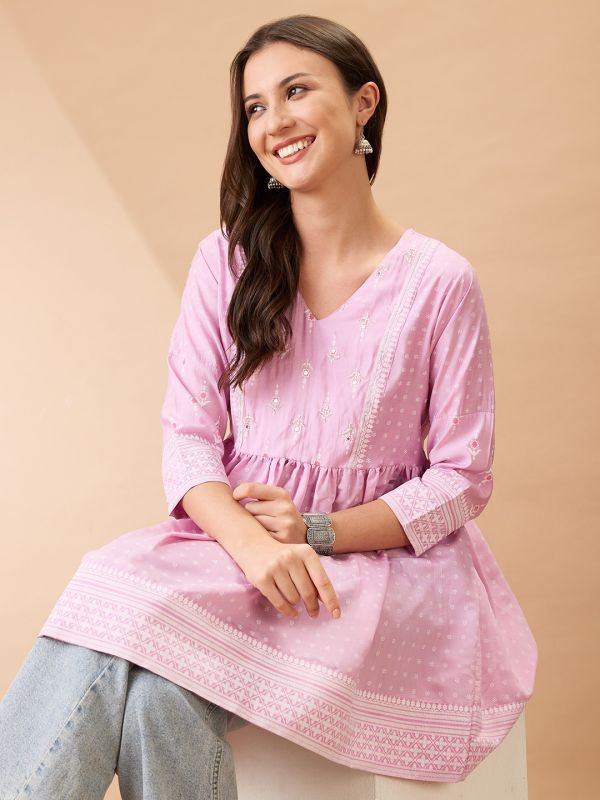 Globus Women Pink Ethnic Print V-Neck Sequinned Detail Gathered Tunic