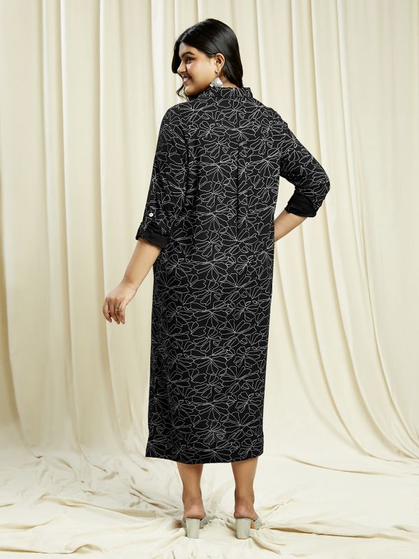 Globus Gloplus Women Black Collared Neck Roll-Up Sleeves Floral Print Front & Side Slits Plus Size Midi Shirt Dress